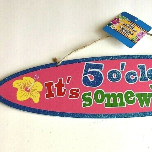 IT'S 5 O'CLOCK SOMEWHERE Hibiscus Wood Sign Luau Tiki Bar Wall Island Decoration - Picture 2 of 11